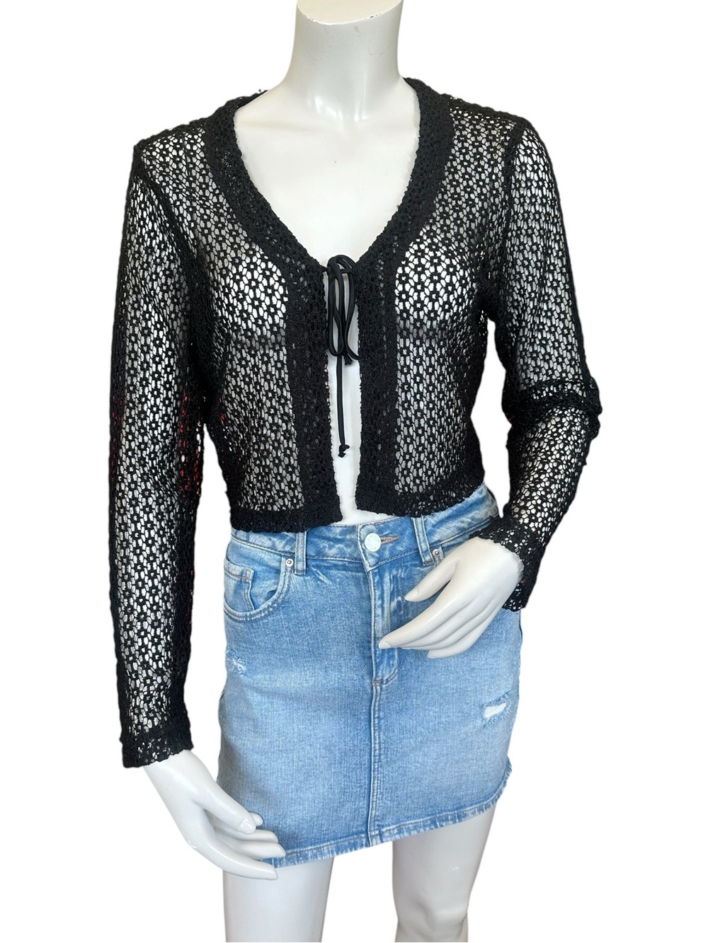 Y2K Byer Too Black Mesh Floral Netted Tie Front Flare Sleeve Cropped Cardigan
